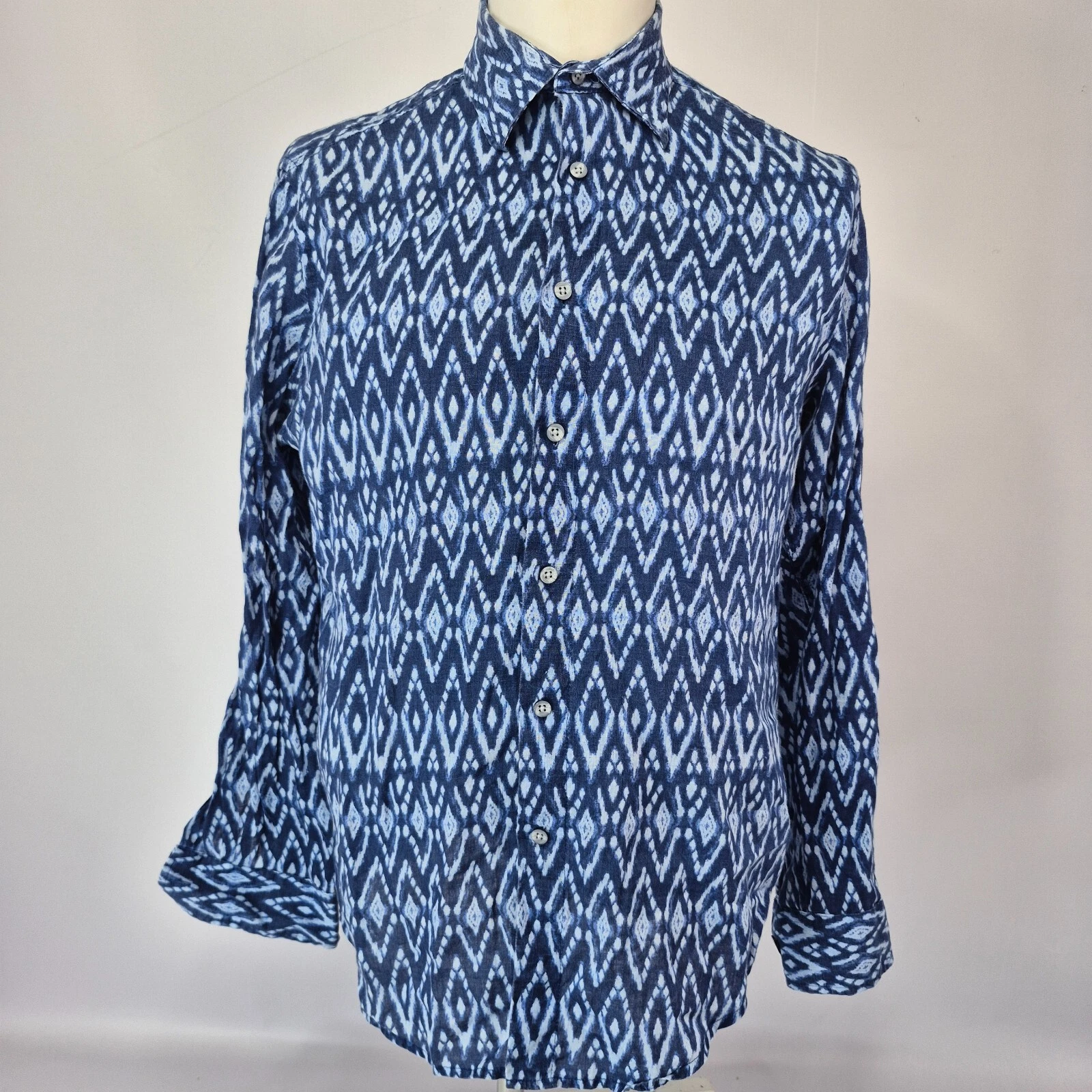 Club Room Shirt Linen Men's Medium Geometric Mosaic Button Up Long Sleeve Casual