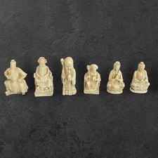 Vintage Chinese Faux Ivory Ornate Figurine Set of 6 Decor Mid Century Intricate