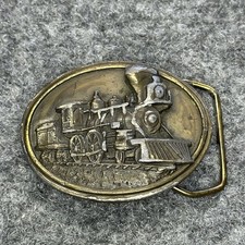 Vintage 1984 BERGAMOT Oval Belt Buckle Brass Locomotive Train 2 1/2 L-143 USA