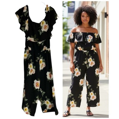 Rue 21 Jumper Womens 1X Floral Black Yellow Off the Shoulder Romper Date Work