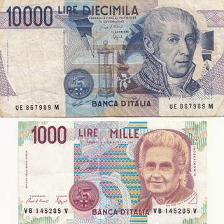 Italien 1000 u. 10000 Lire 2 Geldscheine vor der Euro Einführung