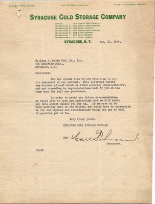 1924 Syracuse Cold Storage Company Letter Coal Dispute Syracuse NY Ephemera