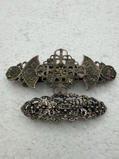Lot of 2 Vintage Silver Floral Barrettes Filigree Pearl Rose Clips