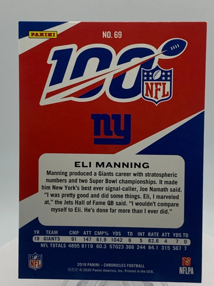 2019 Panini Chronicles - NFL 100 Eli Manning #69 Blue - Image 2 of 2