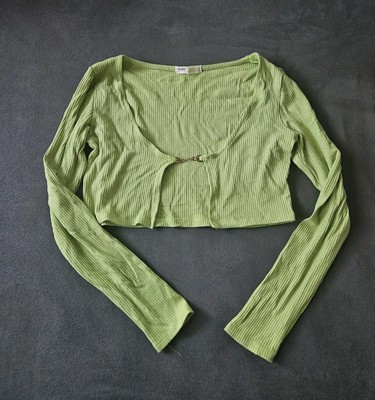 Pull & Bear Green Rib Knit Cropped Jacket, Green Rib Knit Cropped Jacket M