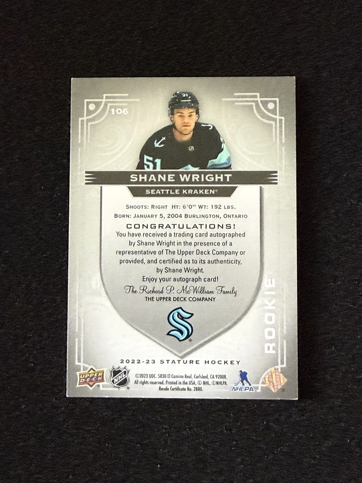 2022-23 UPPER DECK STATURE SHANE WRIGHT AUTO #63/199 ROOKIE #106 KRAKEN - Image 2 of 2