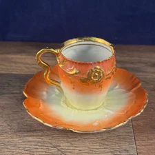 Antique Orange Ombre Porcelain Demitasse Cup & Saucer Heavy Gold Gilt Scalloped