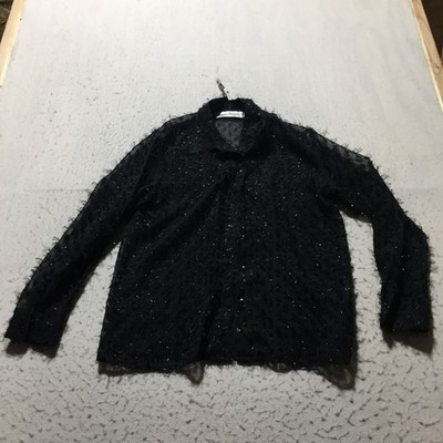 Claudia Richard Blouse Womens M Medium Black Sheer Metallic Textured Pom Poms