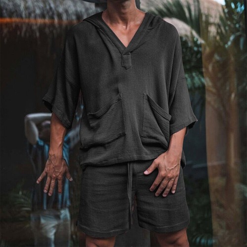Mens Cotton Linen Sets Set Short Sleeve T Shirts Shorts Holiday Outfit 2-Piece - Picture 5 of 21
