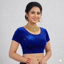 Women's Blue Velvet Short Sleeve Saree Blouse - Readymade Ethnic Crop Top