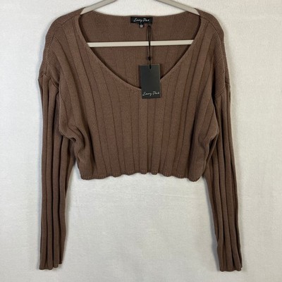 Emory Park Wide Rib Cropped Long Sleeve Sweater Women's Size L Brown NWT