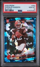 Shedeur Sanders 2025 Prizm Rookie RC Blue Ice 12/99 #302 PSA 10 JSY # 1/1