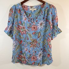 LOFT Light Blue w/Floral Ruffle SS Relaxed Flowy Pullover Size XS
