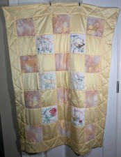 Vintage 1950s Handmade Baby Quilt Embroidered Animal Satin Patchwork Blanket MCM