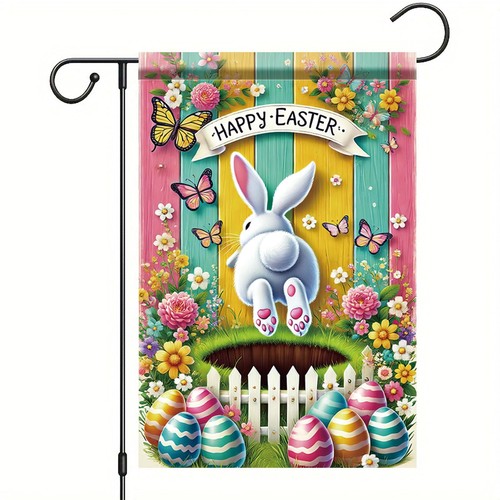Happy Easter Bunny Garden Flag 12×18 Inch Double Sided Rabbit Bunny Easter Eg...