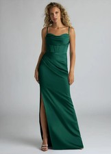Azazie Mai  Stretch Emerald Sheath Pleated Stretch Satin Dress size A2 NWT
