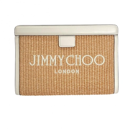 Jimmy Choo Avenue Pouch Raffia Leather Beige Clutch 26cm Dustbag Magnetic Auth