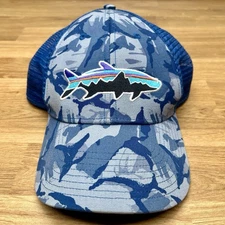 Patagonia Blue Camo Fish Trucker Hat Fitz Roy Trout Hiking Outdoors Camping