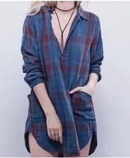 FREE PEOPLE x CP SHADES Teton Mini Dress Tunic Top Plaid Blue Brown Campfire XS