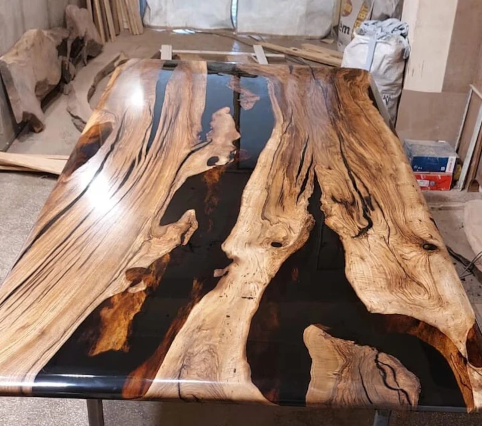 Custom Walnut Wood Epoxy Resin Dining Table – Handmade Black Clear River Table - Image 3 of 4
