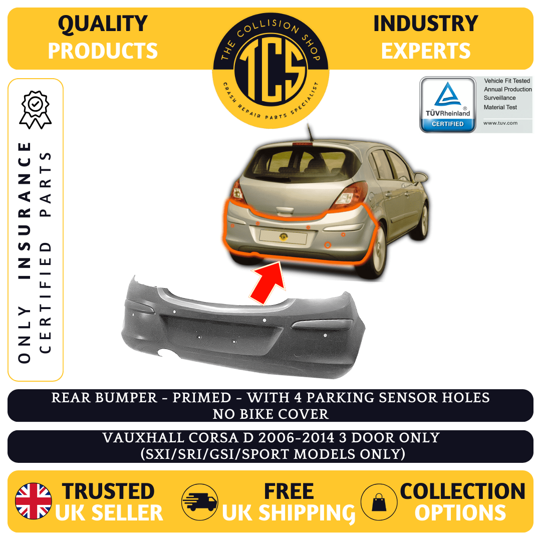 VAUXHALL CORSA D 2006-2014 REAR BUMPER PRIMED 3 DR WITH 4 PDC INSURANCE CERTIF'D