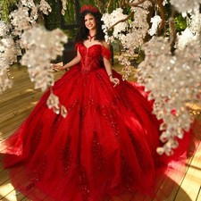 Red Quinceanera Dresses Ball Gowns Lace Appliques Crystal Beaded Bow Sweet 15 16