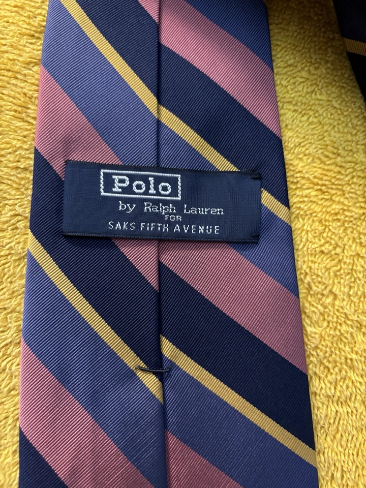 Corbata Mogador Polo Ralph Lauren seda/algodón rayas azules, rosas y doradas 4x55 usada en excelente estado Foto 2 de 4