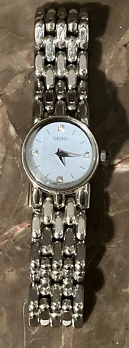 Seiko Watch Women 19mm Blue Dial Silver Tone Round Plastic Still On Back