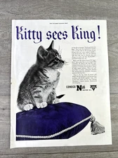 1946 Vintage Print Ad Conoco Kitten Cat Photo on Purple Pillow Gas Big Art Deco