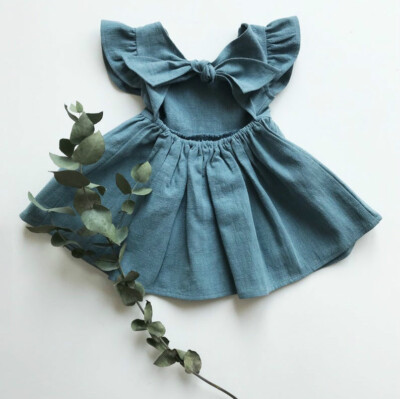 New Girl's Dress Baby Cotton Linen Solid Color Children's Skirt Bow Princess Ski
