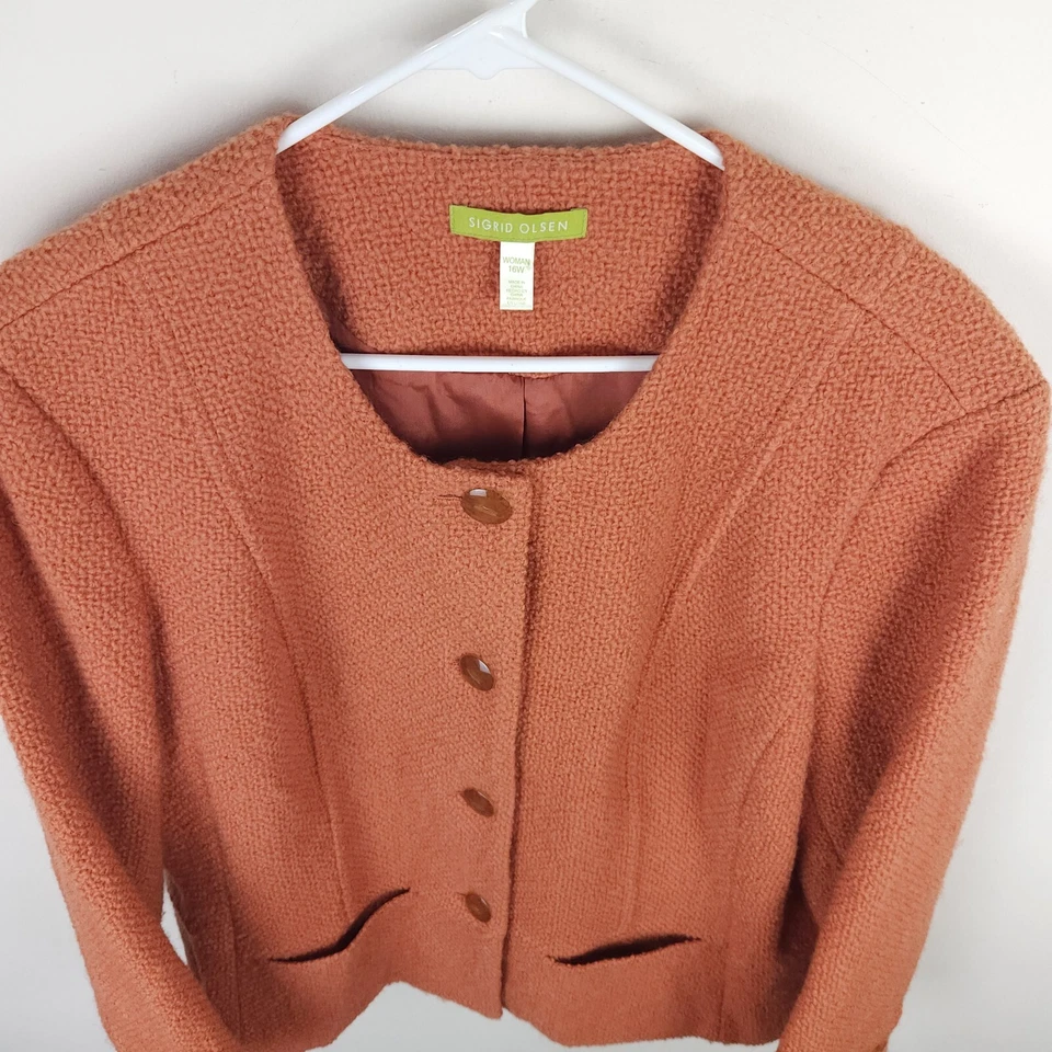 Abrigo Sigrid Olsen Mujer 16W Naranja Lana Abotonada Tejido Bolsillos Forrado Cuello Redondo Foto 3 de 4