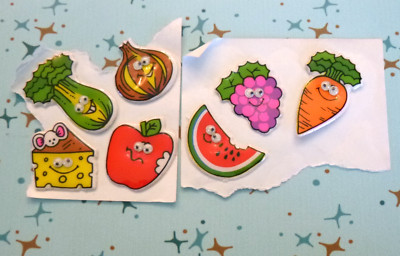 Vtg 1979 Russ Super Stick Ons Puffy Stickers Veggies Fruits Cheese Googly Eyes