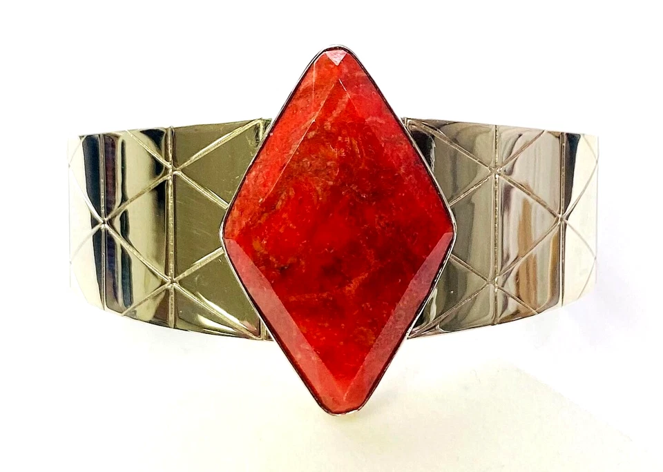 Браслет-манжета HSN Jay King из чистого серебра с кораллами в форме бриллианта 40,9 г 7-1/4 дюйма - Изображение 2 из 4