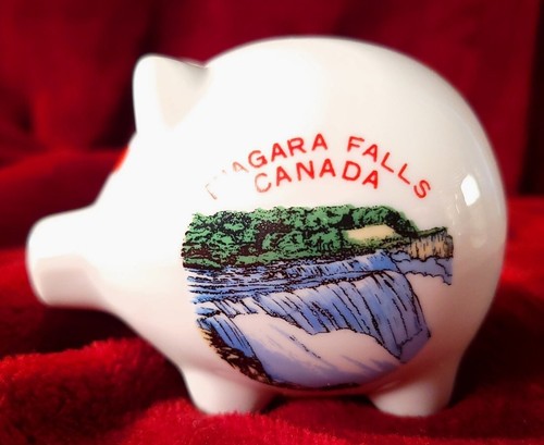 Cute White Ceramic Niagara Falls Canada Souvenir Piggy Bank. 3.5" Long. Hearts - Picture 3 of 9