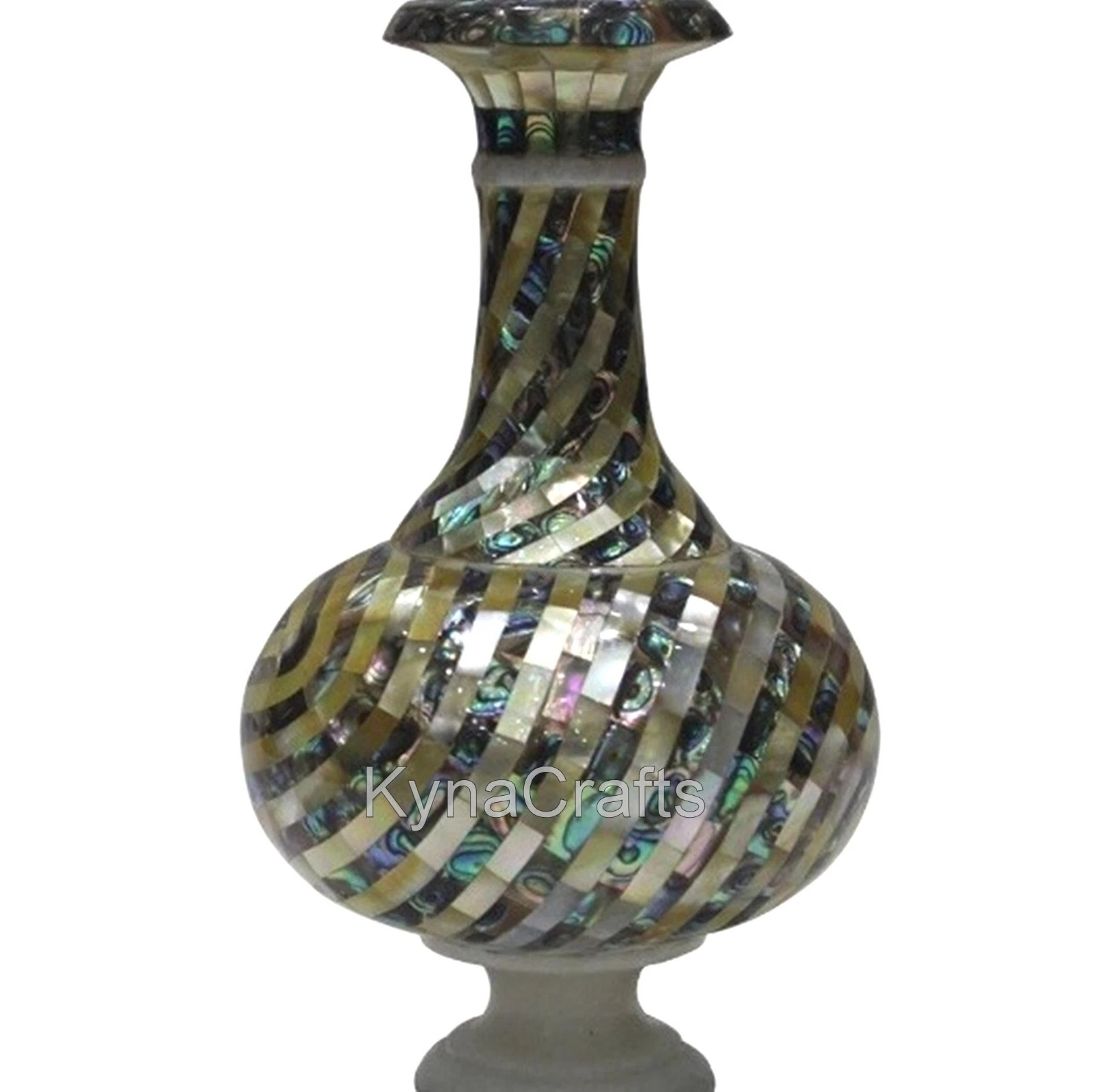 9 Inches White Marble Giftable Pot MOP Overlay Work Flower Vase for Annivesery