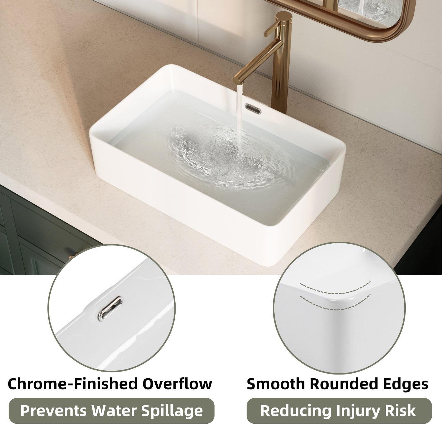 Los Flexi 22" x 13" White Porcelain Rectangular Vessel Sink with Rear Overflow