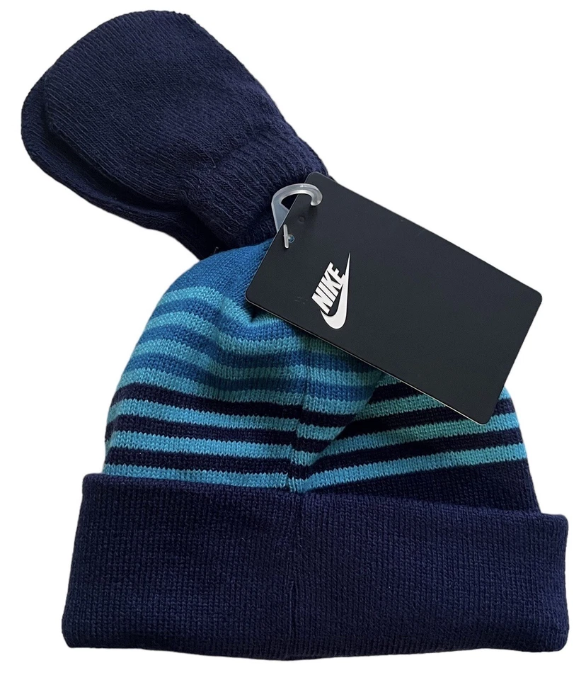 Nike Niños Pequeños Talla 12/24M Sombrero y Mitones Conjunto de 2 Piezas Azul Marino Nuevo Foto 2 de 4