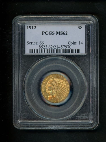1912 US $5.00 Gold Indian Head Half Eagle PCGS MS62 UNC Spot Free Bright GEM !