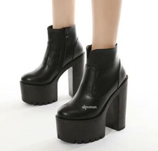 Women Ankle Boots High Block Heels Platform Round Toe Gothic Side Zip Punk Shoes