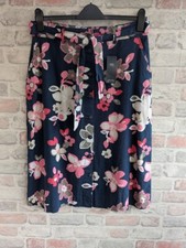 M S Skirt Linen Rich Navy Floral Size 14 BNWT Belt Pockets Summer Spring