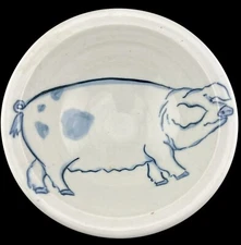 Art Pottery Hand Painted Pig Bowl Country Folk Art Hand Made Signed 7”