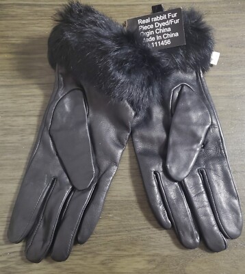 デザイン専用 Vintage Alexandra Bartlett Black Leather Gloves with Rabbit Fur