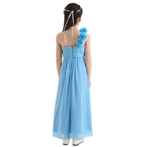 Flower Girl Long Dress One-shoulder Princess Maxi Wedding Bridesmaid Formal Gown - Picture 31 of 59
