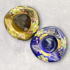 Vintage Pair Czech Bohemian Blue & Gold Hand Blown Hand Painted Ashtrays Bowls B