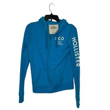 Hollister Hoodie Jacket Size Large Blue White Lettering Youth Logo Cotton Blend