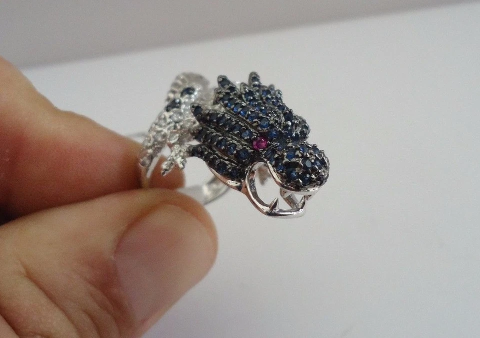 LARGE DRAGON RING 7.50 CT LAB SIMULATED DIAMONDS/RUBY/SAPPHIRE  STERLING SILVER - Image 2 of 4