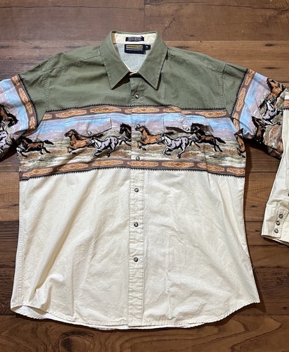 Panhandle Slim Western Shirt XL Green & Beige Horse Pearl Snap Cowboy Button Up - Picture 2 of 12