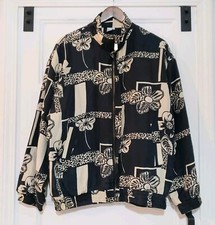 Fuda Silk Full Zip Jacket Womens L Black Beige Floral Leopard Print Lined Retro