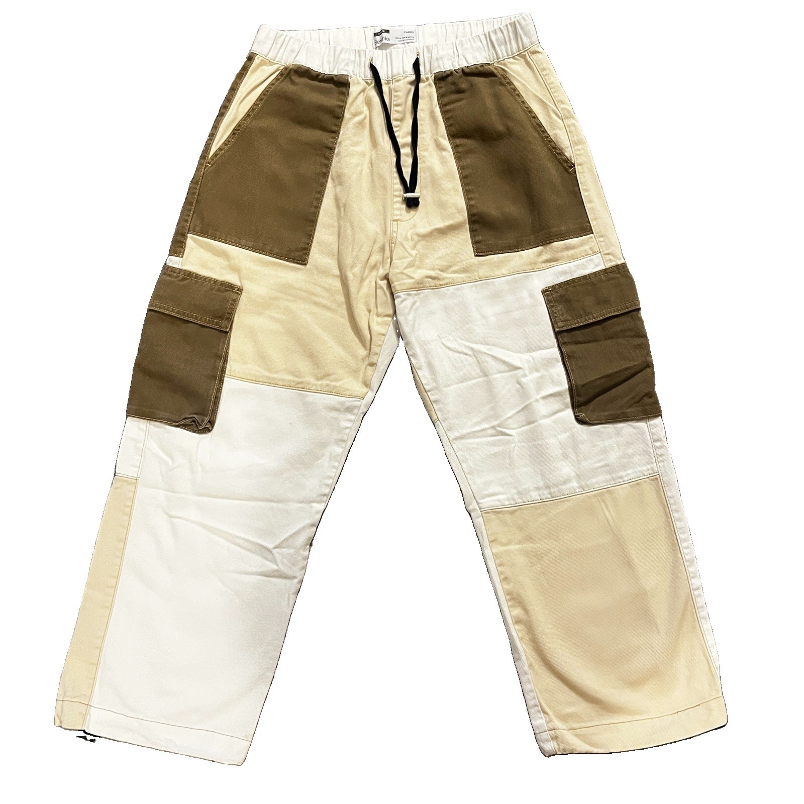 Bershka Pantaloni Cargo Uomo coulisse tasche color block beige/marrone/bianco 38