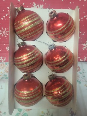 VTG Pyramid Glass Christmas Ornaments Set of 6 Red Gold Glitter Striped 
